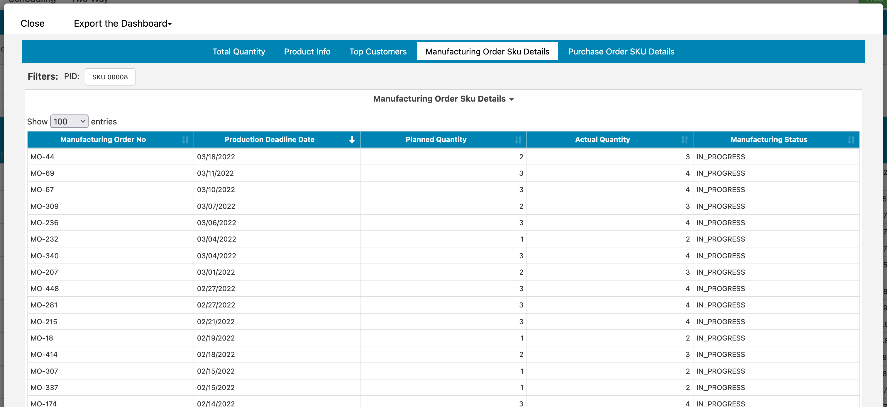 Katana Dashboard Product Manufacturing Details